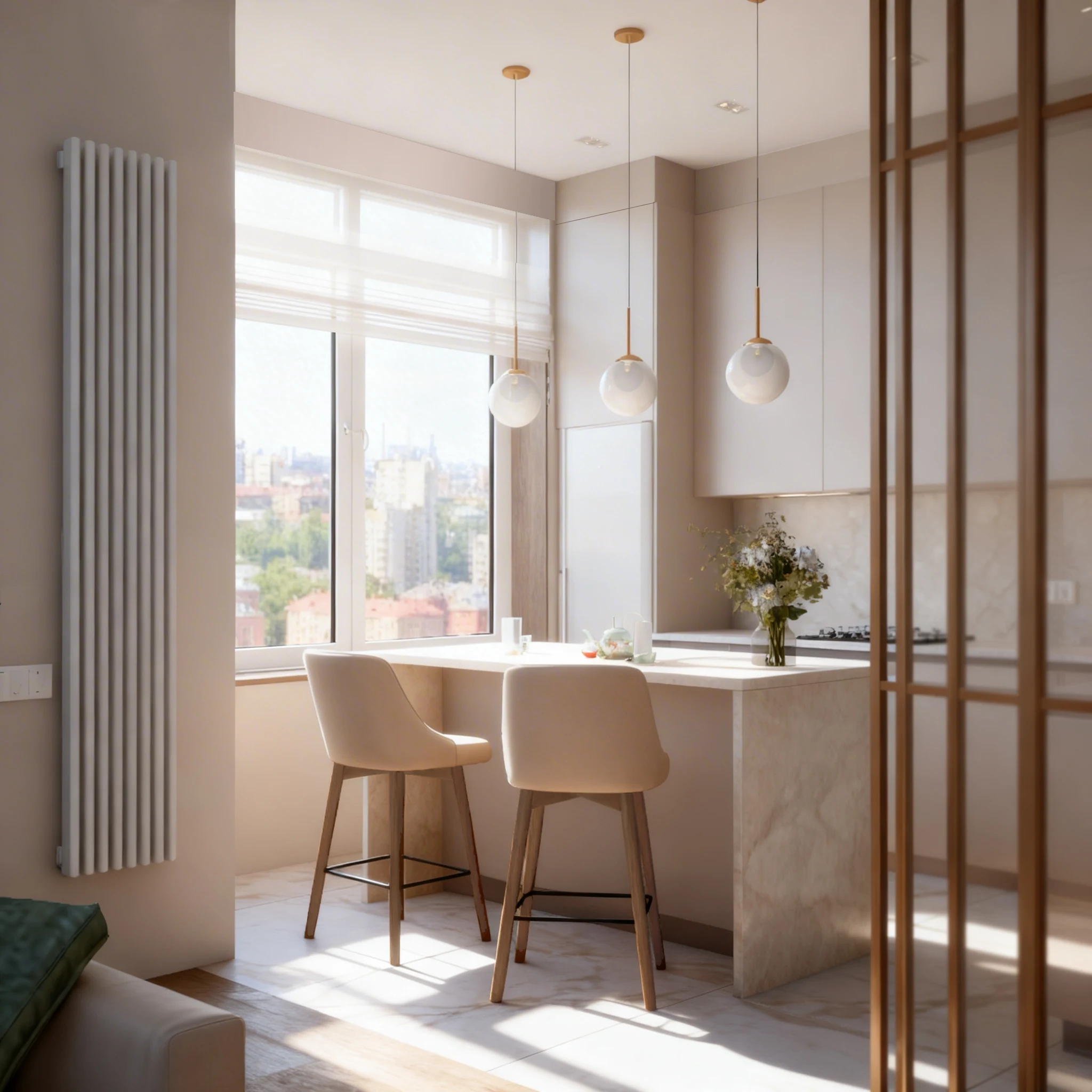 Кухня и обеденная зона. Квартира в неоклассике, 98 м².